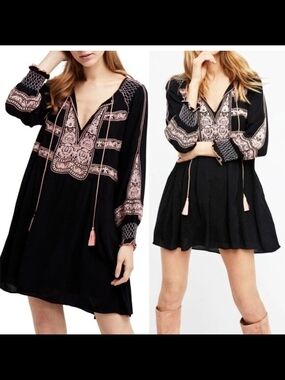 Free People Black Mini Dress with Pink Embroidery